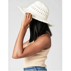 New Natural Cotton White Crochet Structured Floppy 4" Wide Brim Hat In Linen